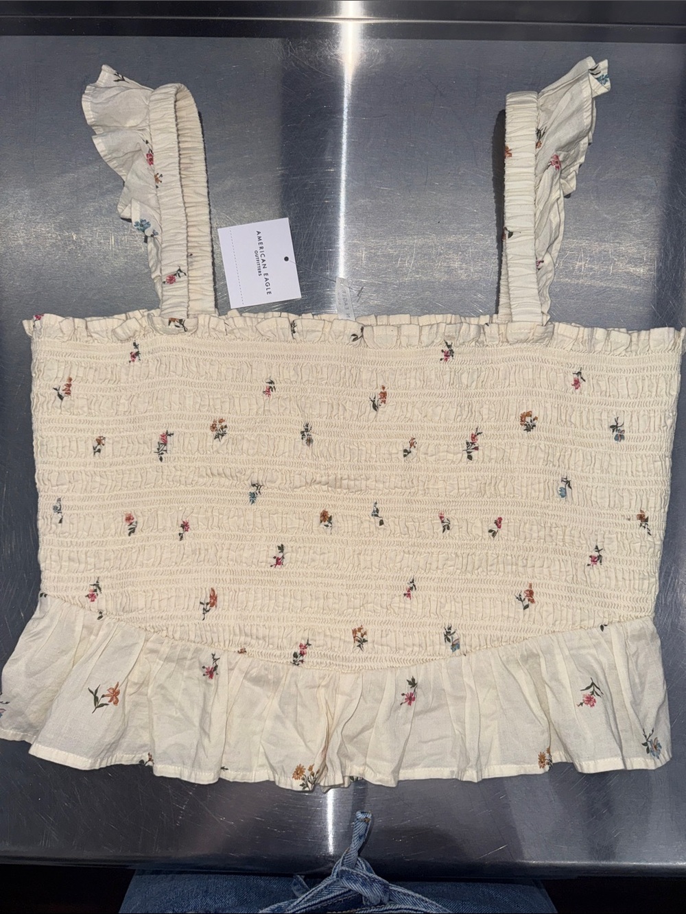 American Eagle Outfitters Cream Smocked Floral Ruffle Crop Top